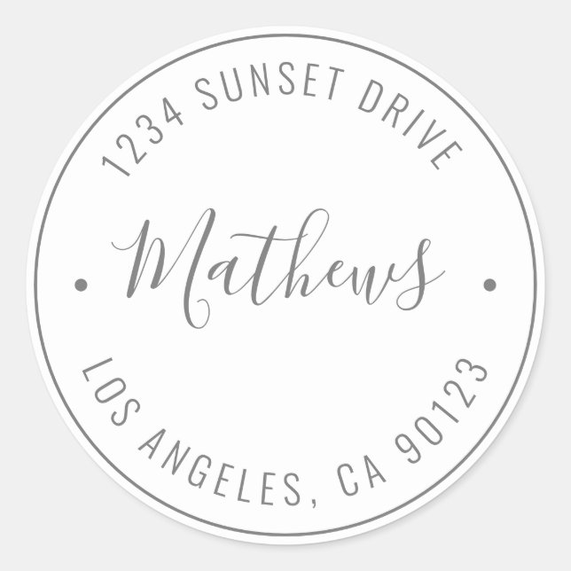 Stylish Name & Circular Text | Grey & White Classic Round Sticker (Front)