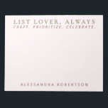 Stylish Name List Lover Pastel Pink Minimalist  Notepad<br><div class="desc">Fun stylish chic minimalist premium look personalised notepad for the unapologetic list maker. Delicate elegant pastel pink feminine girly background and classy golden and maroon brown typography. Add your name and custom text, for example the fun phrase saying quote LIST LOVER , ALWAYS that resonates so well with some of...</div>
