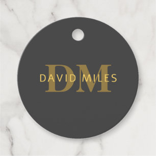 Stylish Name & Monogram Gold & Dark Grey Favour Tags