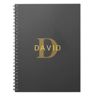 Stylish Name & Monogram Gold & Dark Grey Notebook