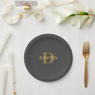 Stylish Name & Monogram Gold & Dark Grey Paper Plate