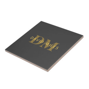 Stylish Name & Monogram   Gold & Dark Grey Tile