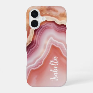 Stylish Name Pink Gold Agate Marble iPhone 16 Case