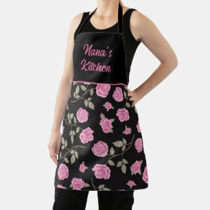 Stylish Nana Kitchen Pink Roses Black Pattern Apron