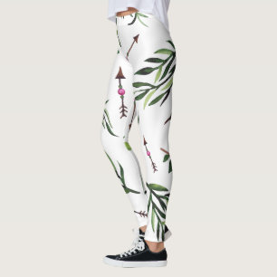 Stylish Natures Elegance Pink & Green Leaves Arrow Leggings