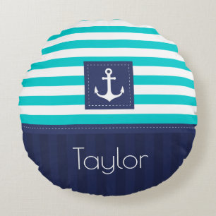 Stylish Nautical Anchor Design Custom Text Round Cushion