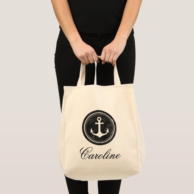 Stylish Nautical Black Anchor Your Name Tote Bag (Front (Product))