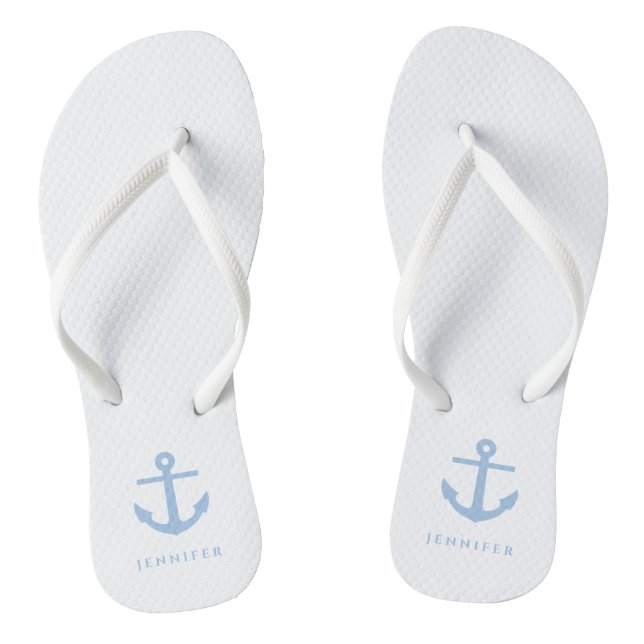 Stylish Nautical Blue Anchor Custom Name  Jandals (Footbed)