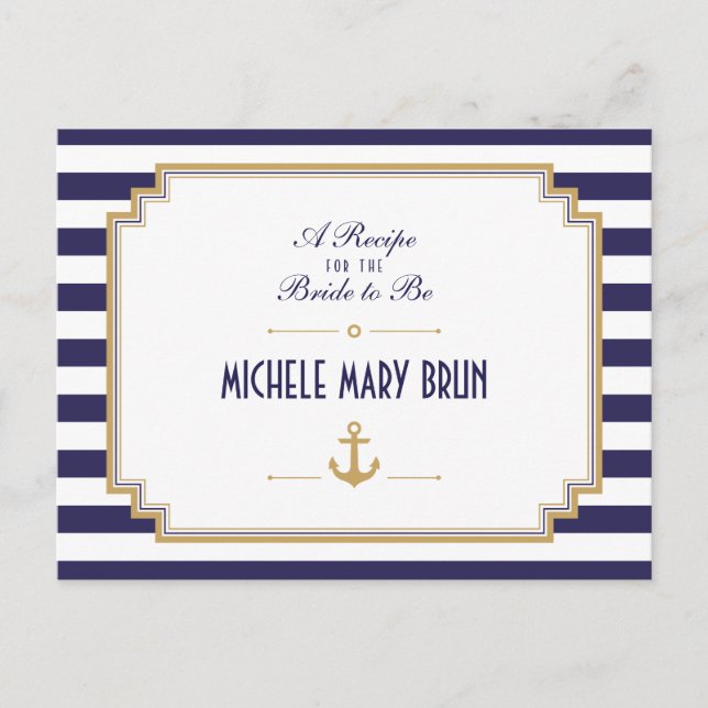Stylish Nautical Bridal Shower Recipe Postcards (Front)