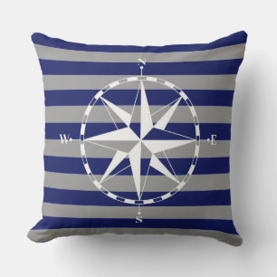 Stylish Nautical Compass On Blue Stripe Pattern Cushion