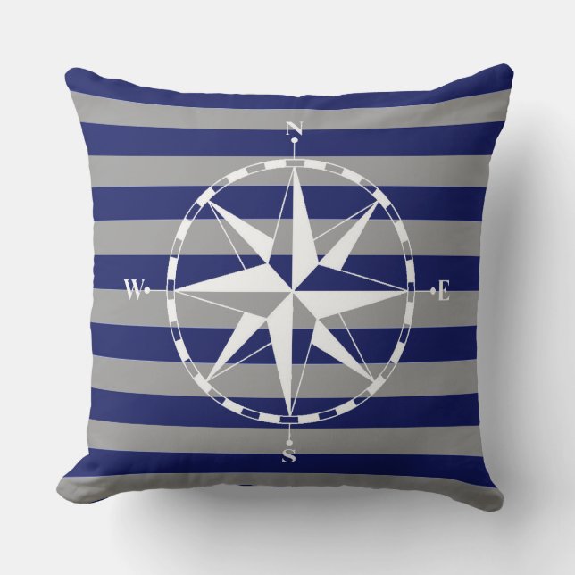 Stylish Nautical Compass On Blue Stripe Pattern Cushion (Front)