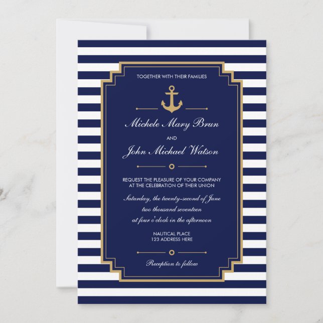 Stylish Nautical Dark Blue Wedding Invitation (Front)
