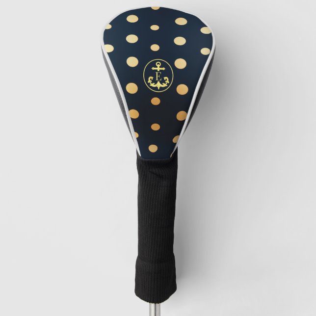 Stylish Nautical Navy Blue & Gold Anchor Monogram Golf Head Cover (Front)
