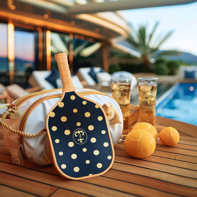 Stylish Nautical Navy Blue & Gold Anchor Monogram Pickleball Paddle (Chic Classic Gold and Navy Anchor Pickleball Paddle )