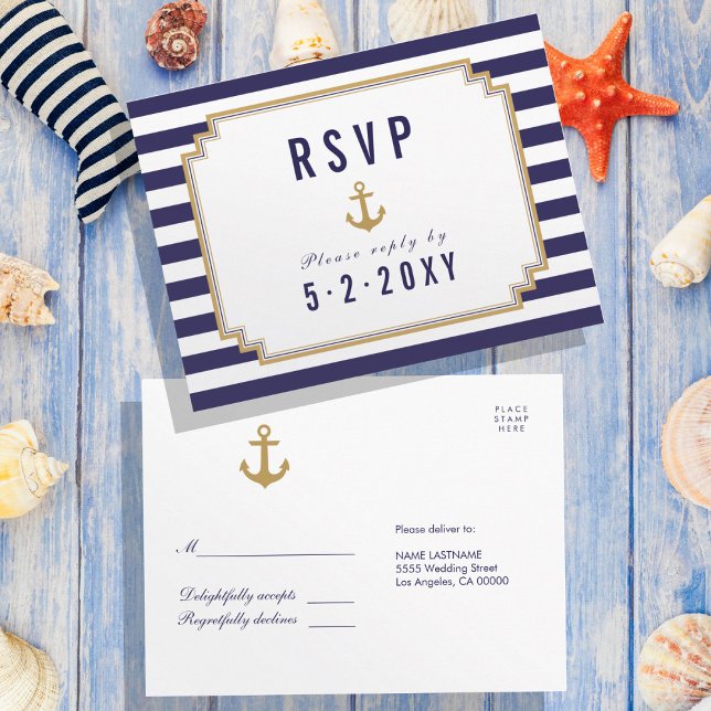 Stylish Nautical Striped Response RSVP Postcard (Creator Uploaded)