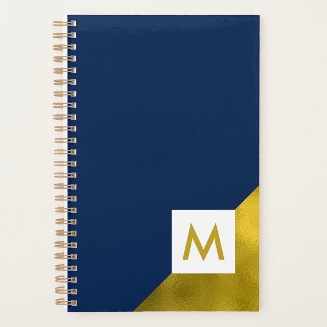Stylish Navy and Gold Monogrammed Planner (Front)