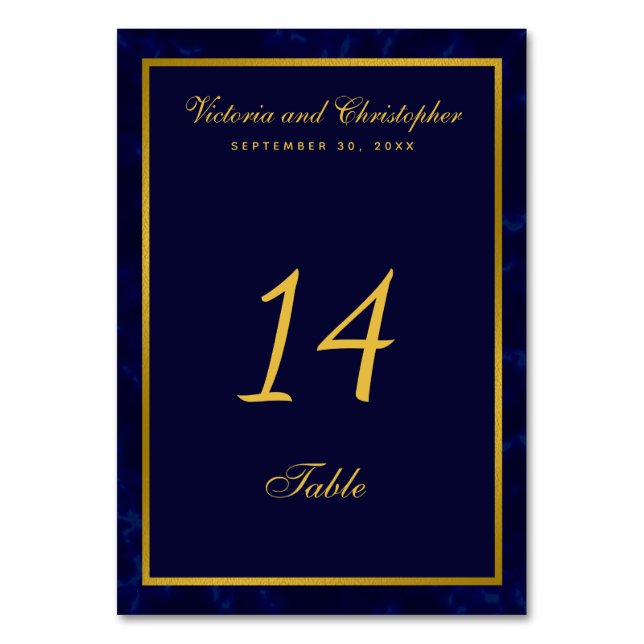 Stylish Navy Blue and Gold Wedding Table Number (Front)