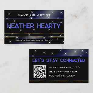 Stylish Navy Blue Black Gold Glitter Stars QR Code Business Card