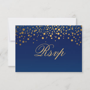Stylish Navy Blue & Confetti Gold Dot Wedding RSVP Card