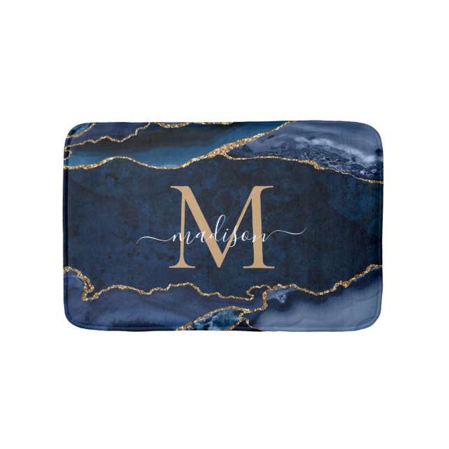 Stylish Navy Blue Gold Agate Geode Chic Monogram Bath Mat (Front)