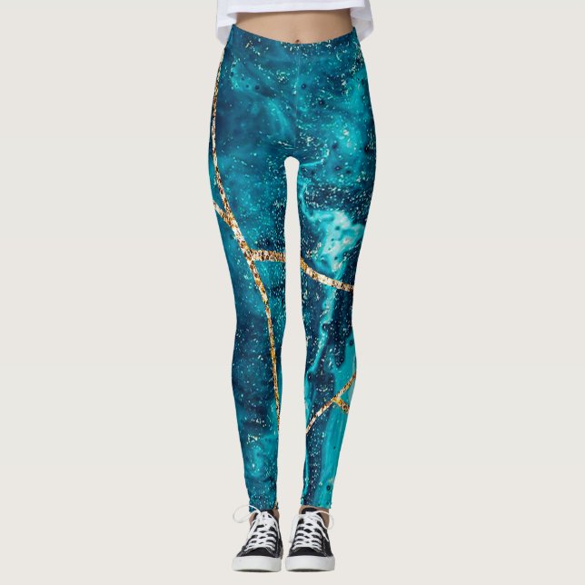 Stylish Navy Blue Gold Agate Geode Chic Monogram Leggings (Front)
