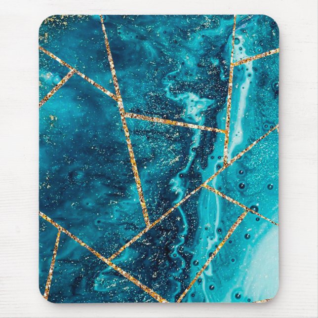 Stylish Navy Blue Gold Agate Geode Chic Monogram Mouse Pad (Front)