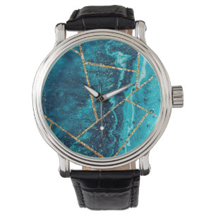 Stylish Navy Blue Gold Agate Geode Chic Monogram Watch