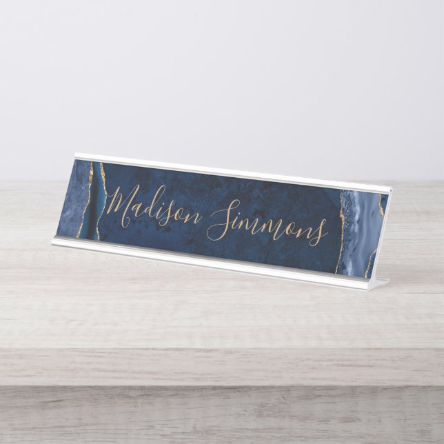 Stylish Navy Blue Gold Agate Geode Feminine Script Desk Name Plate (Front)