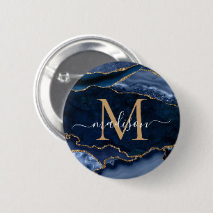 Stylish Navy Blue Gold Agate Geode Girly Monogram 6 Cm Round Badge