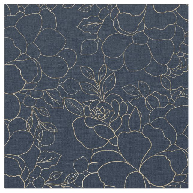 Stylish navy blue gold hand drawn floral fabric (Close Up)