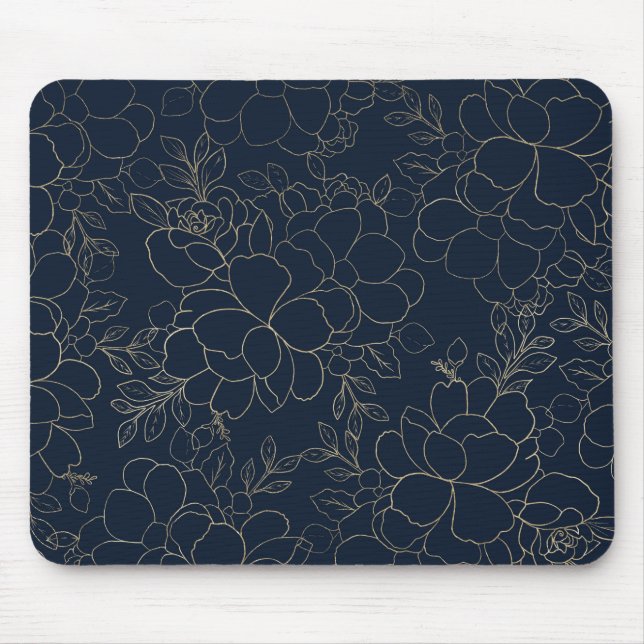 Stylish navy blue gold hand drawn floral mouse pad (Front)