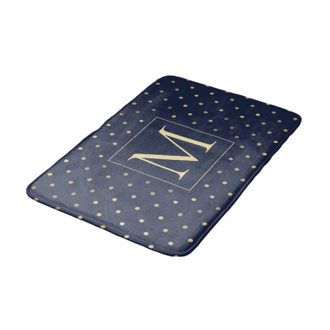 Stylish Navy Blue Gold Polka Dots Monogram Bath Mat (Angled)