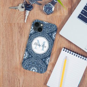 Stylish Navy Blue Mandala Modern Monogram iPhone 13 Case