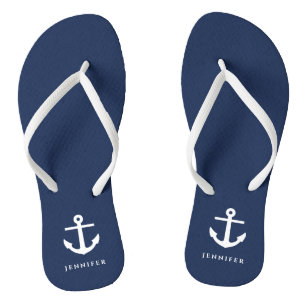 Stylish Navy Blue Nautical Anchor Custom Name  Jandals