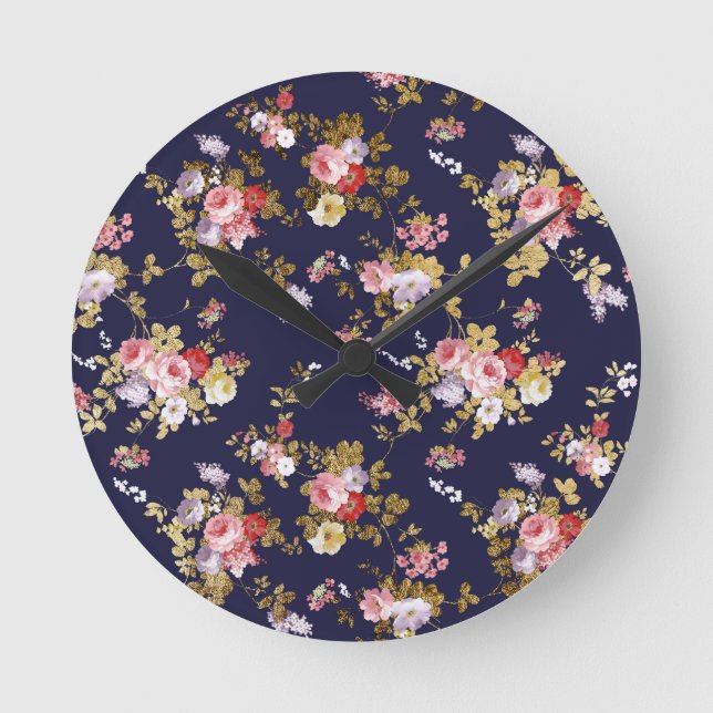 Stylish navy blue pink gold boho floral round clock (Front)