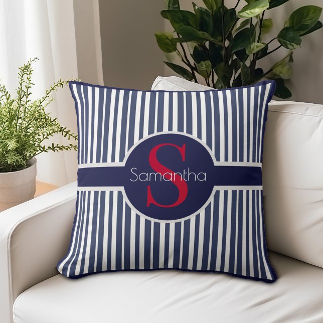 Stylish navy blue red striped initial monogram cushion (Creator Uploaded)