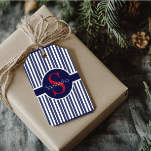 Stylish navy blue red striped initial monogram gift tags