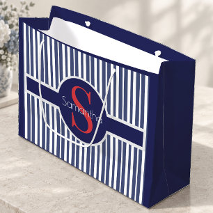 Stylish navy blue red striped initial monogram large gift bag