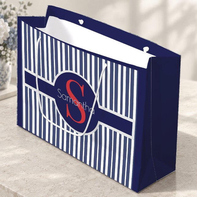 Stylish navy blue red striped initial monogram large gift bag (Creator Uploaded)