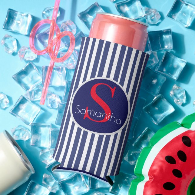 Stylish navy blue red striped initial monogram seltzer can cooler (In Situ Summer)