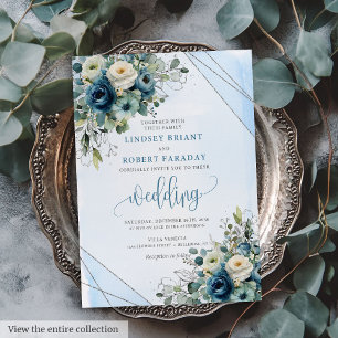 Stylish Navy Blue Silver Floral Wedding Invitation