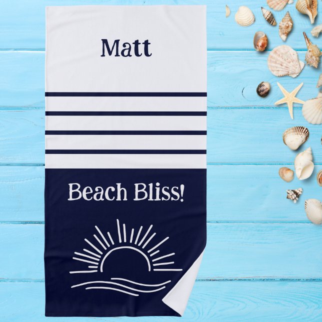 Stylish Navy Blue Stripes Name Nautical Beach Towel (Creator Uploaded)