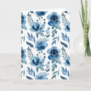Stylish Navy Blue Watercolor Flowers Blank Card