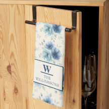 Stylish Navy Blue Watercolor Flowers Monogram Kitc