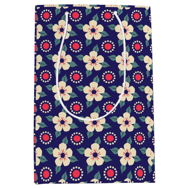 Stylish Navy Blue with Cream Flowers Gift Bag  (Front)