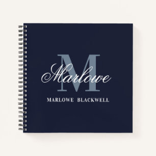 Stylish Navy Dusty Blue Monogram Calligraphy Notebook