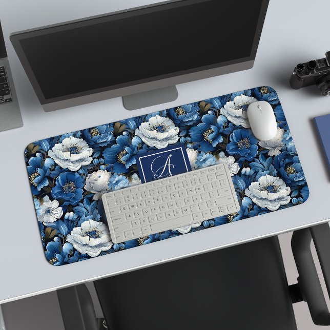 Stylish Navy Flowers Custom Name Floral Desk Mat (Stylish Navy Flowers Custom Name Floral Desk Mat)