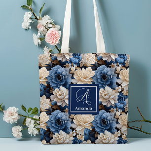 Stylish Navy Flowers Custom Name Floral Tote Bag