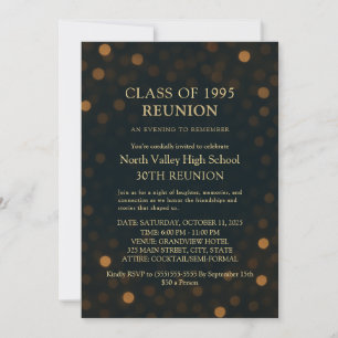 Stylish Navy Gold Bokeh 30th Class Reunion Invitation