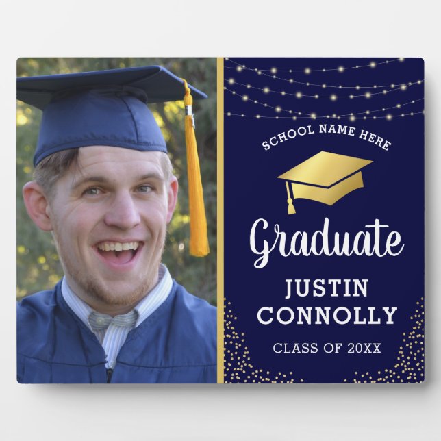Stylish Navy & Gold Class of 2025 Graduation Photo Plaque (Front)